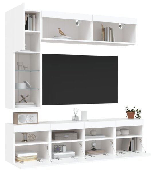 6 darabos fehér falra szerelhető TV-szekrényszett LED-ekkel