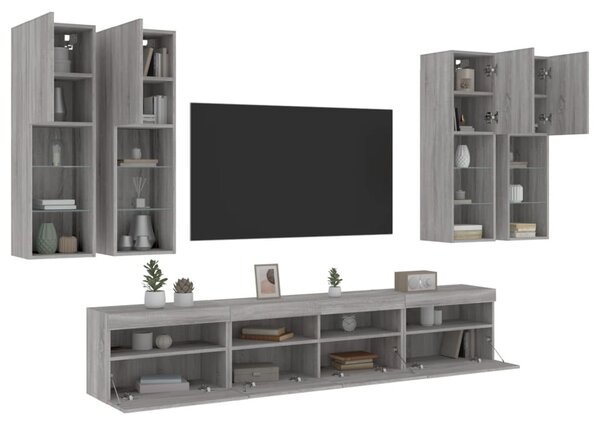 7 db szürke sonoma színű falra szerelhető TV-szekrény LED-ekkel