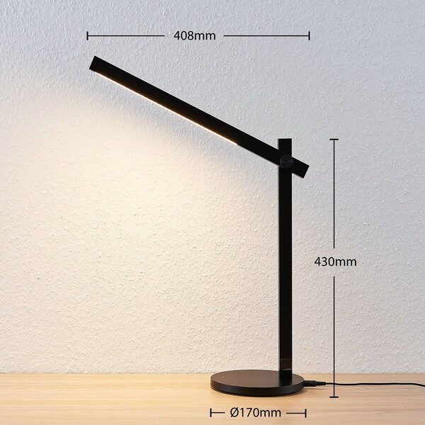 Lindby Loretta LED-es asztali lámpa, 43 cm, fekete, CCT, dimmelhető, Fekete, Dolgozószoba / Iroda, Műanyag, Modern