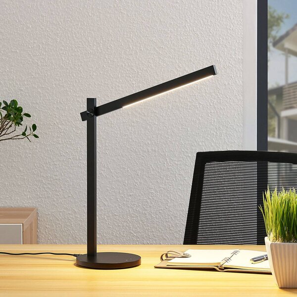 Lindby Loretta LED-es asztali lámpa, 43 cm, fekete, CCT, dimmelhető, Fekete, Dolgozószoba / Iroda, Műanyag, Modern