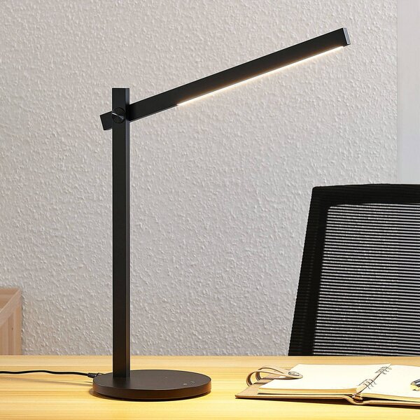 Lindby Loretta LED-es asztali lámpa, 43 cm, fekete, CCT, dimmelhető, Fekete, Dolgozószoba / Iroda, Műanyag, Modern