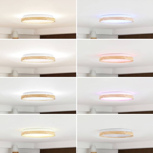 Lindby Smart LED mennyezeti lámpa Mirren fa Ø49,5cm CCT Tuya, dimmelhető, Világos fa, Nappali / Étkező, Műanyag, Modern