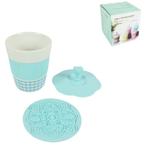 Porcelán bögre AQUELLE szilikon kiegészítőkkel 280 ml, kék