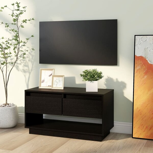 Fekete tömör fenyőfa TV-szekrény 74x34x40 cm