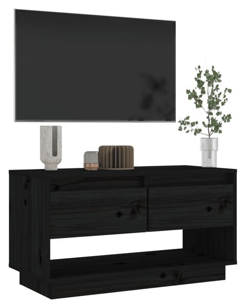 Fekete tömör fenyőfa TV-szekrény 74x34x40 cm