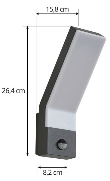 Lindby LED kültéri fali lámpa Korvik, 26 cm, antracit, érzékelő, Fekete, Alumínium, Modern