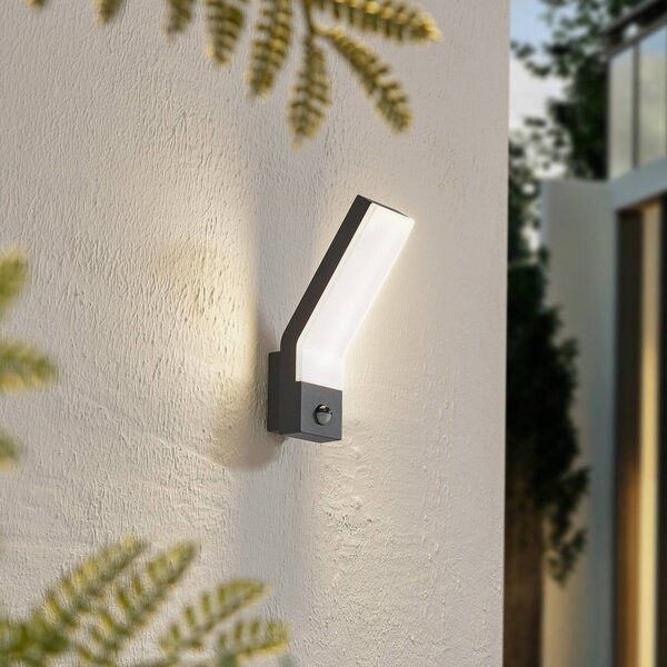 Lindby LED kültéri fali lámpa Korvik, 26 cm, antracit, érzékelő, Fekete, Alumínium, Modern