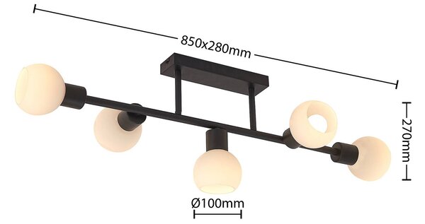 Lindby mennyezeti lámpa Biscala, 5 flg., fekete/opal, dimmelhető, Fekete, Nappali / Étkező, fém, Modern