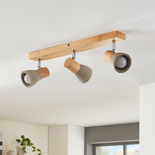 Lindby Filiz spotlámpa, 3-lámpás, 47 cm hosszú, fa, beton, E14, dimmelhető, Alu / szürke / cink, Hálószoba, Beton, Skandináv
