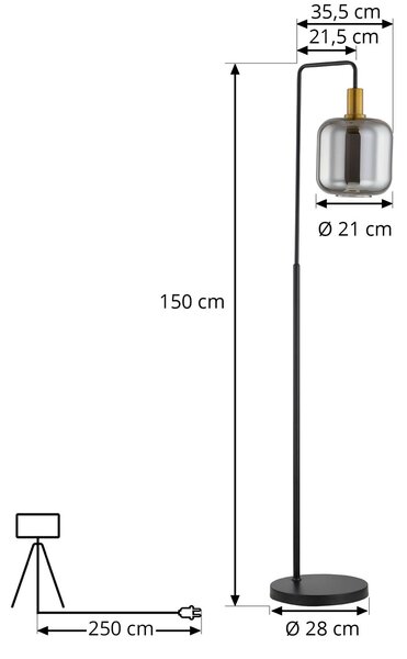 Lindby Nimbora állólámpa, 150 cm, fekete, üveg, fém, Fekete, Nappali / Étkező, fém, Modern