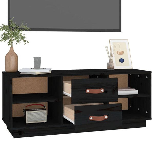 Fekete tömör fenyőfa TV-szekrény 100x34x40 cm