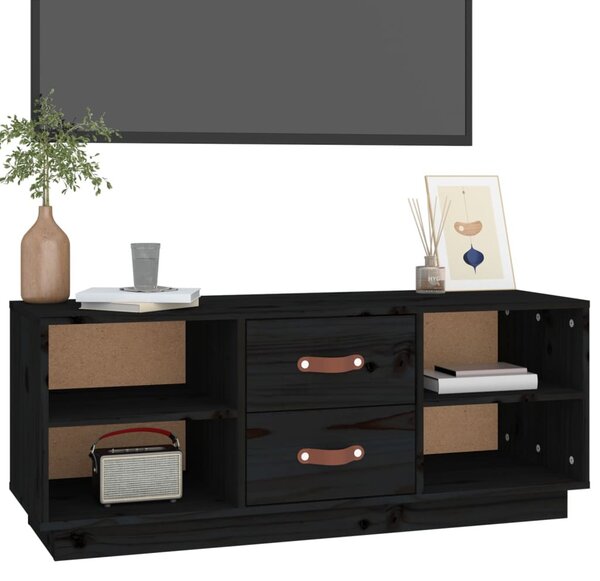 Fekete tömör fenyőfa TV-szekrény 100x34x40 cm