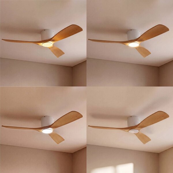 Lucande Smart LED mennyezeti ventilátor Moneno, fehér/fa, Tuya, dimmelhető, Világos fa, Nappali / Étkező, fém, Modern