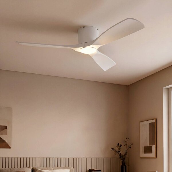 Lucande Smart LED mennyezeti ventilátor Moneno, fehér, DC, Tuya, dimmelhető, Fehér / opál, Nappali / Étkező, fém, Modern