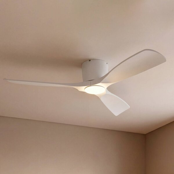 Lucande Smart LED mennyezeti ventilátor Moneno, fehér, DC, Tuya, dimmelhető, Fehér / opál, Nappali / Étkező, fém, Modern