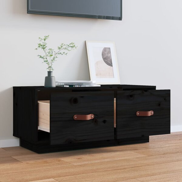 Fekete tömör fenyőfa TV-szekrény 80 x 34 x 35 cm
