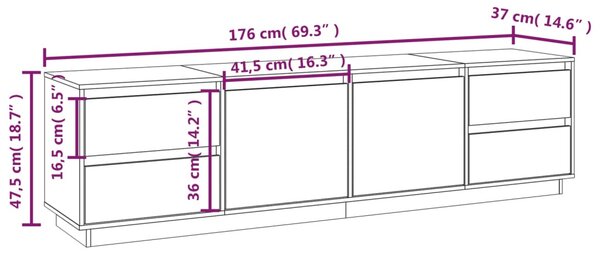 Fehér tömör fenyőfa TV-szekrény 176 x 37 x 47,5 cm