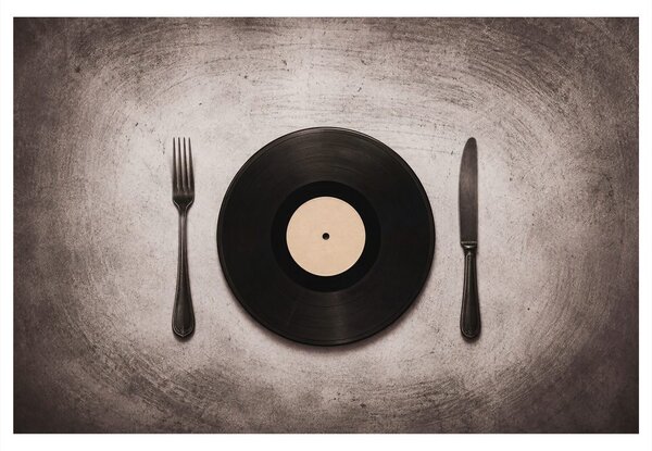 Kép vinyl lemez evőeszközökkel