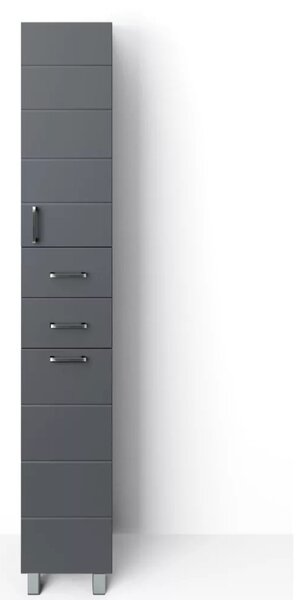 HD MART 30 cm széles szennyestartós álló fürdőszobai magas szekrény, sötét szürke, króm kiegészítőkkel, 1 soft close ajtóval, 2 fiókkal és szennyestartóval