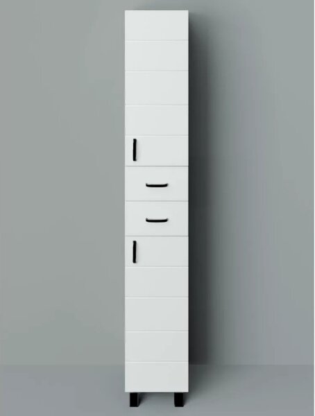MART 30 cm széles polcos álló fürdőszobai magas szekrény, fényes fehér, fekete kiegészítőkkel, 2 soft close ajtóval és 2 fiókkal