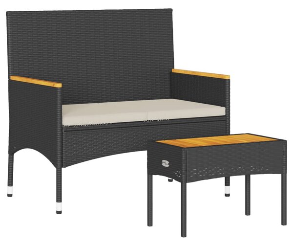 2 személyes fekete polyrattan kerti pad párnával és asztallal