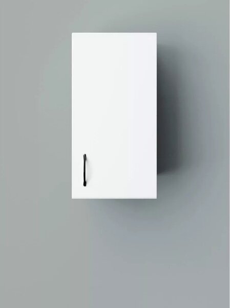 STANDARD 30 cm széles polcos fürdőszobai fali szekrény, fényes fehér, fekete kiegészítőkkel, 1 ajtóval