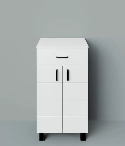 HD MART 45 cm széles polcos fürdőszobai kiegészítő alsó szekrény, fényes fehér, fekete kiegészítőkkel, 2 soft close ajtóval és 1 fiókkal