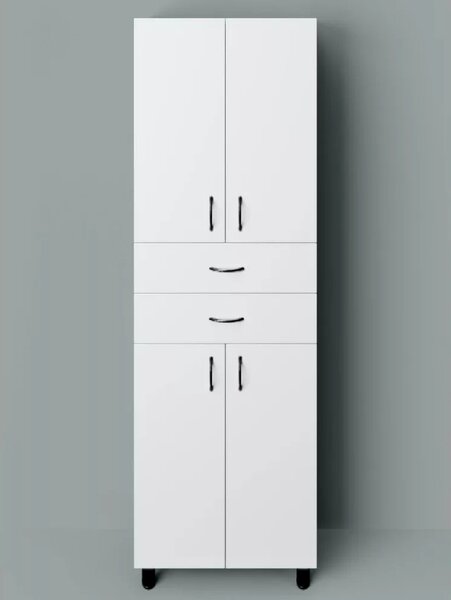 STANDARD 60 cm széles polcos álló fürdőszobai magas szekrény, fényes fehér, fekete kiegészítőkkel, 4 ajtóval és 2 fiókkal