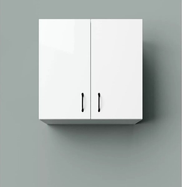 HD STANDARD 60 cm széles polcos fürdőszobai fali szekrény, fényes fehér, fekete kiegészítőkkel, 2 ajtóval