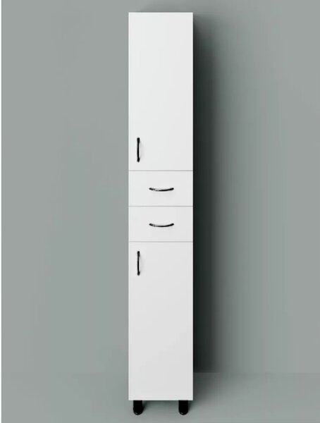 STANDARD 30 cm széles polcos álló fürdőszobai magas szekrény, fényes fehér, fekete kiegészítőkkel, 2 ajtóval és 2 fiókkal