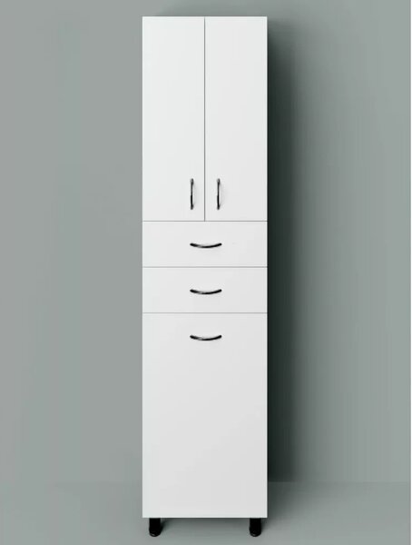 HD STANDARD 45 cm széles szennyestartós álló fürdőszobai magas szekrény, fényes fehér, fekete kiegészítőkkel, 2 ajtóval, 2 fiókkal és szennyestartóval