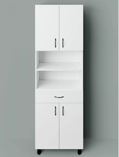 HD STANDARD 60 cm széles polcos álló fürdőszobai magas szekrény, fényes fehér, fekete kiegészítőkkel, 4 ajtóval és 1 fiókkal