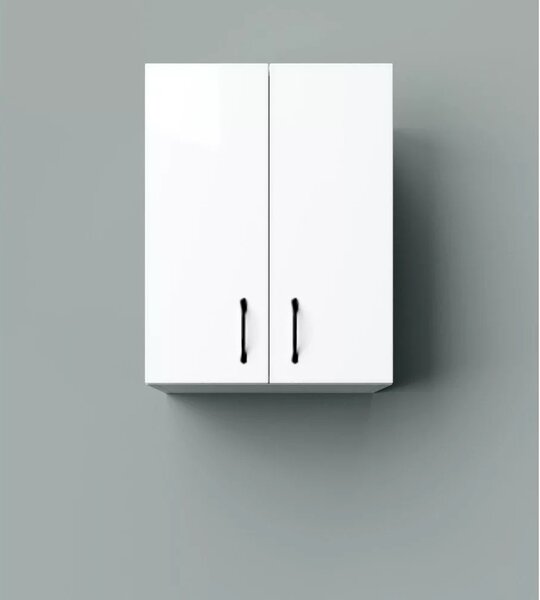HD STANDARD 45 cm széles polcos fürdőszobai fali szekrény, fényes fehér, fekete kiegészítőkkel, 2 ajtóval