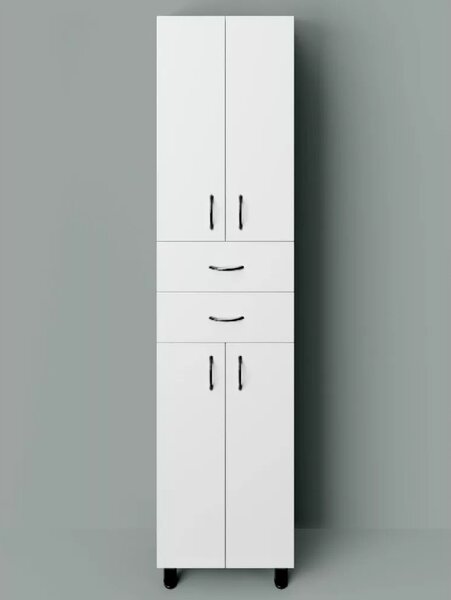 STANDARD 45 cm széles polcos álló fürdőszobai magas szekrény, fényes fehér, fekete kiegészítőkkel, 4 ajtóval és 2 fiókkal
