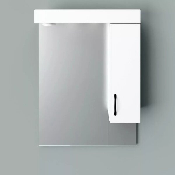 STANDARD 55 cm széles fürdőszobai tükrös szekrény, fényes fehér, fekete kiegészítőkkel és beépített LED világítással