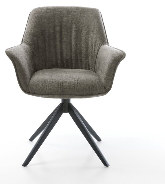 DELIFE Étkezőszék Keila-Flex karfás bouclé puha sötét bézs kereszt láb széles fekete 360° forgatható billenő