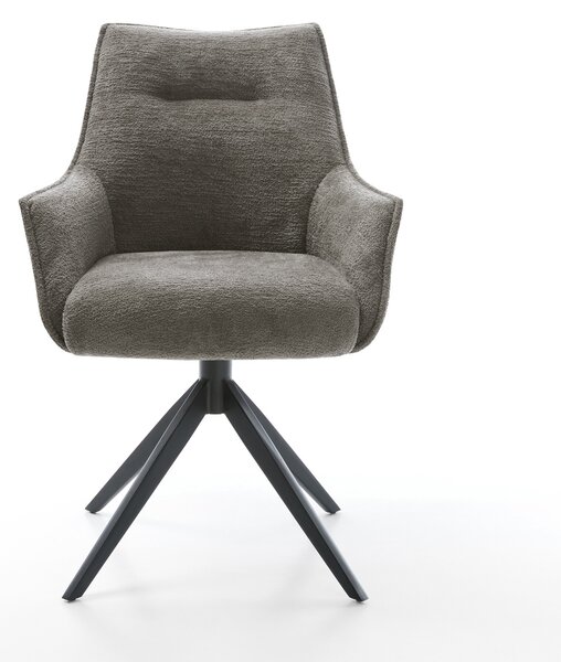 DELIFE Étkezőszék Alja-Flex karfás bouclé puha sötét bézs kereszt láb széles fekete 360° forgatható billenő zsákrugós matrac