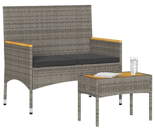 2 személyes szürke polyrattan kerti pad párnákkal és asztallal