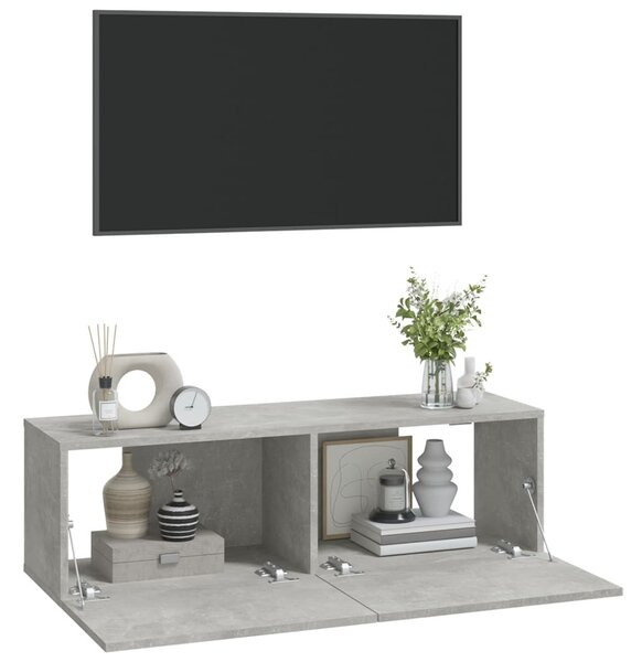 2 db betonszürke szerelt fa fali TV-szekrény 100 x 30 x 30 cm