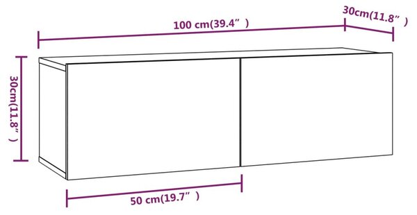 2 db fehér szerelt fa fali TV-szekrény 100 x 30 x 30 cm