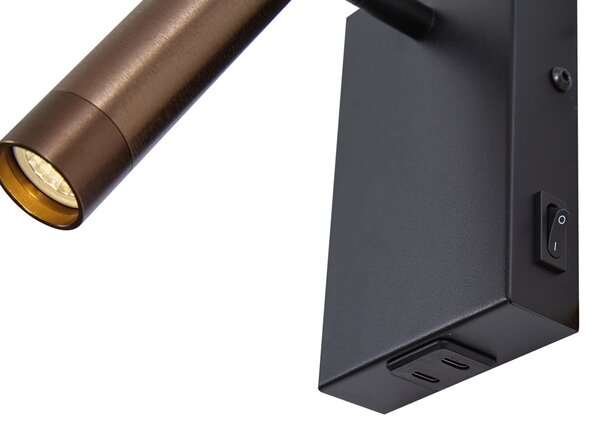 Modern fekete fali lámpa sötét bronz állítható USB-C-vel - Croft