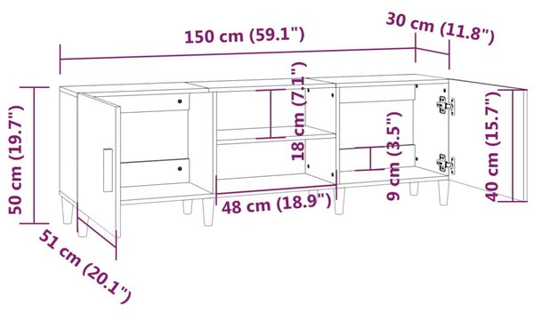 Betonszürke szerelt fa TV-szekrény 150 x 30 x 50 cm