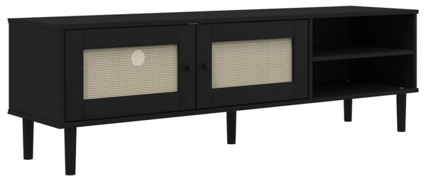 SENJA fekete rattanhatású tömör fenyő TV-szekrény 158x40x49 cm