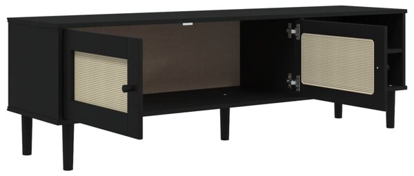 SENJA fekete rattanhatású tömör fenyő TV-szekrény 158x40x49 cm