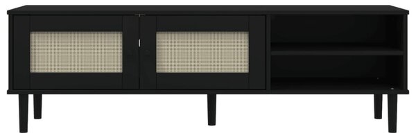SENJA fekete rattanhatású tömör fenyő TV-szekrény 158x40x49 cm