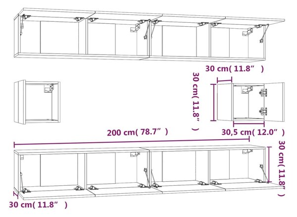 6 részes betonszürke szerelt fa TV-szekrényszett