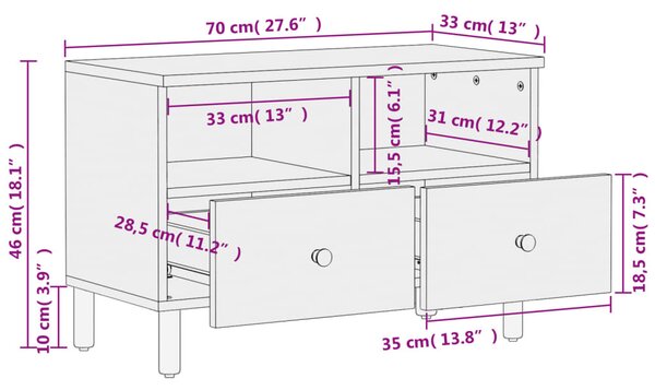 Fekete tömör mangófa TV-szekrény 70 x 33 x 46 cm