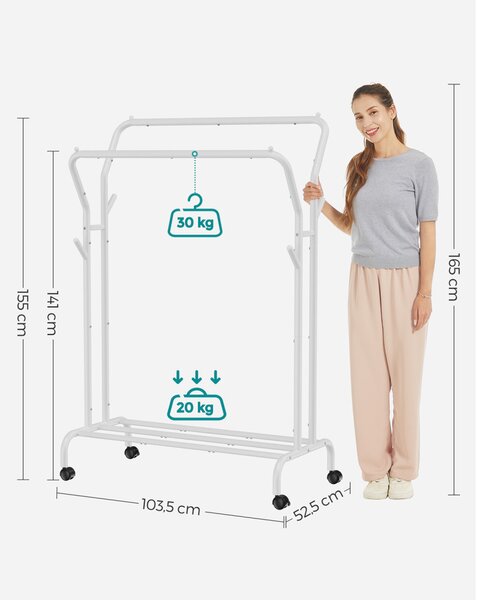 SONGMICS HSR107W01 dupla ruhásállvány fém kerekekkel és polccal fehér