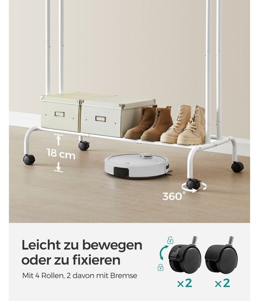 SONGMICS HSR107W01 dupla ruhásállvány fém kerekekkel és polccal fehér