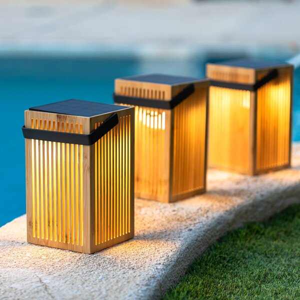 Newgarden Okinawa LED solar asztali lámpa bambusz, dimmelhető, Világos fa, Bambusz